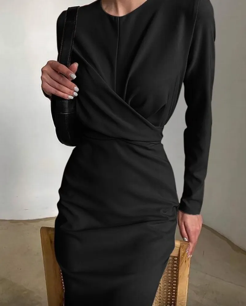 Autunno Elegante Delle Signore Aderente Pieghe Pendolarismo Vestito Moda O Collo Manica Lunga High Street Midi Vestito Delle Don
