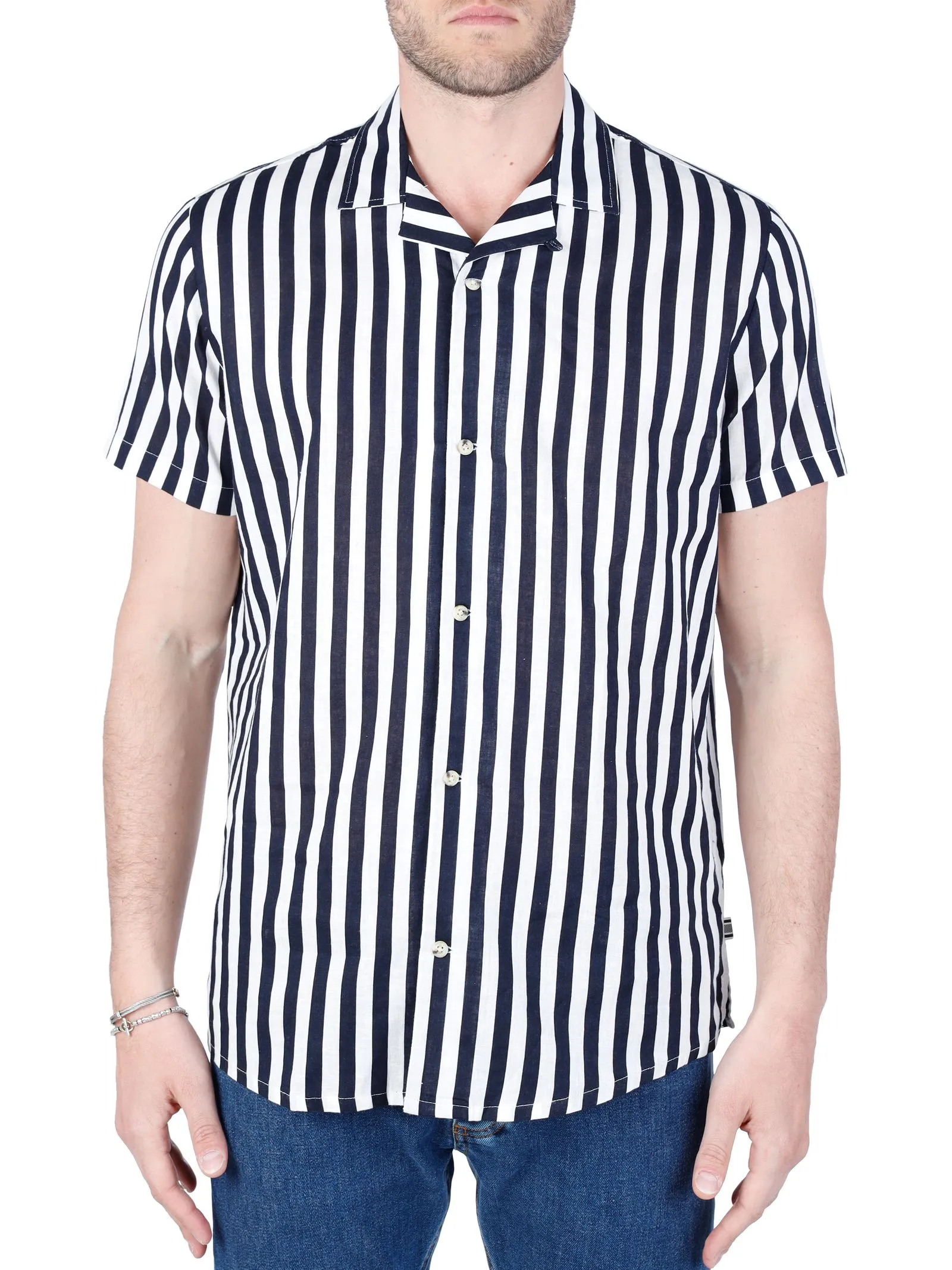 CAMICIA A RIGHE BLU IN MISTO LINO