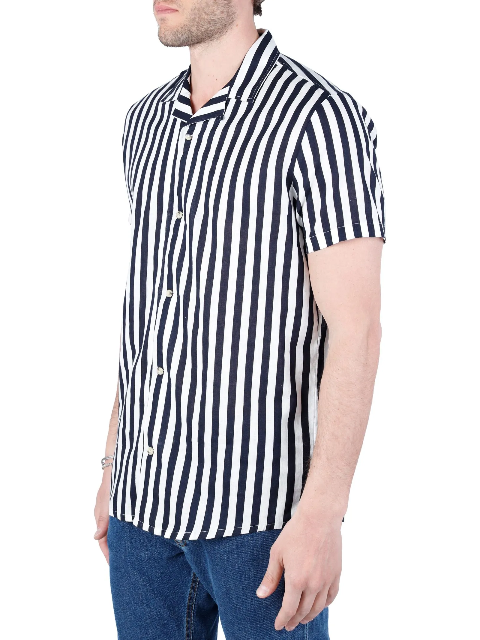 CAMICIA A RIGHE BLU IN MISTO LINO