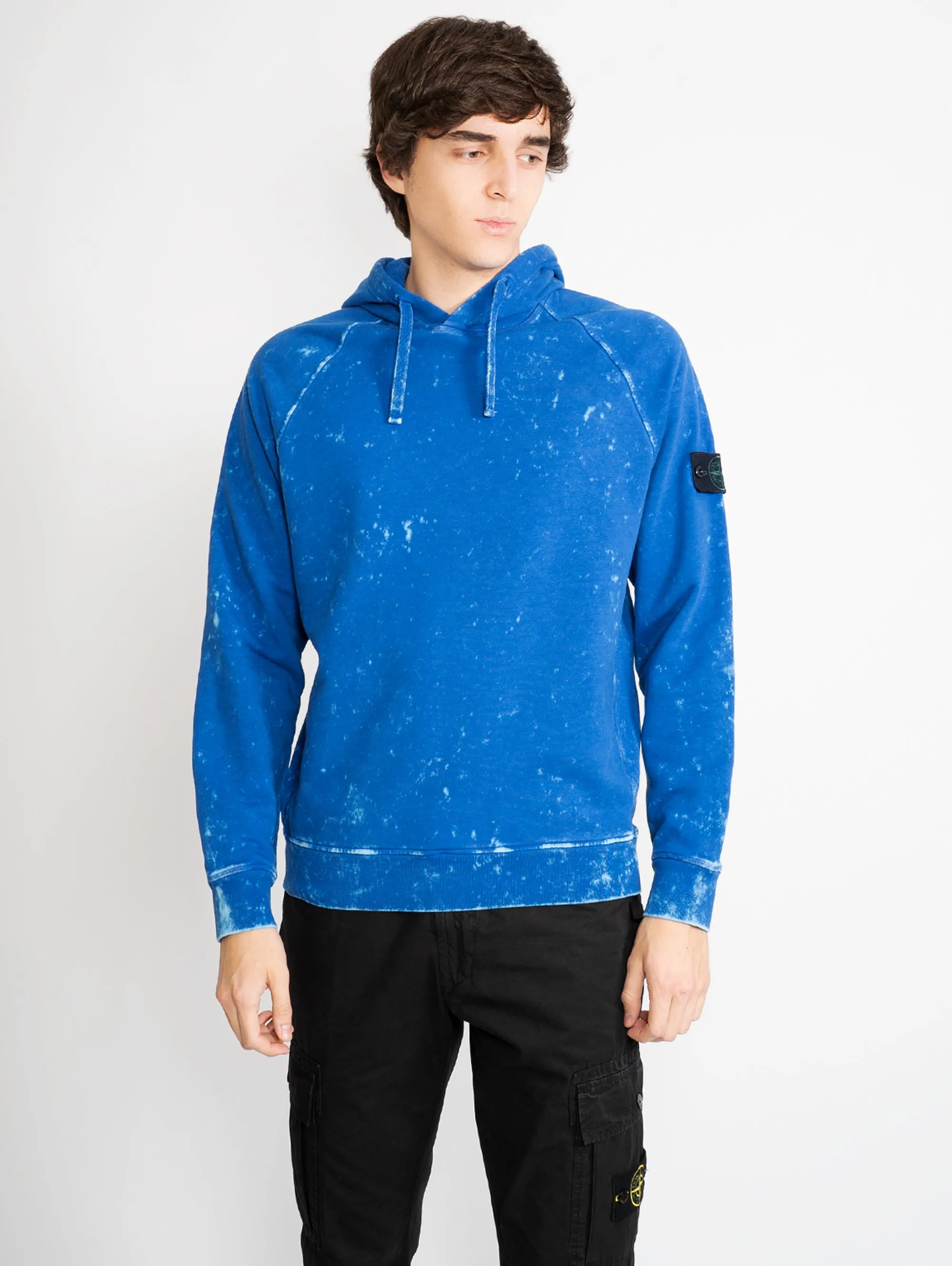 Felpa con Cappuccio con Trattamento Off Dye Ovd Blu