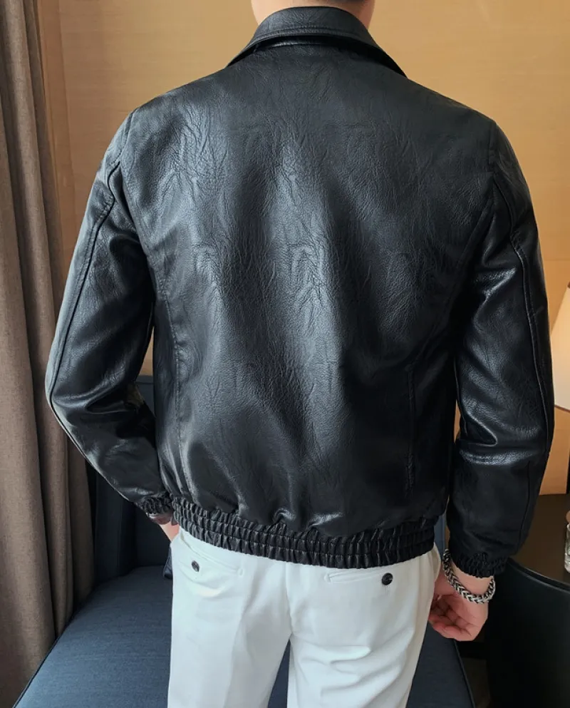 Giacca a vento da motociclista tascabile con risvolto slim fit in pelle nuova da uomo