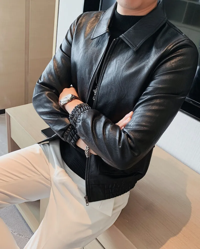 Giacca a vento da motociclista tascabile con risvolto slim fit in pelle nuova da uomo