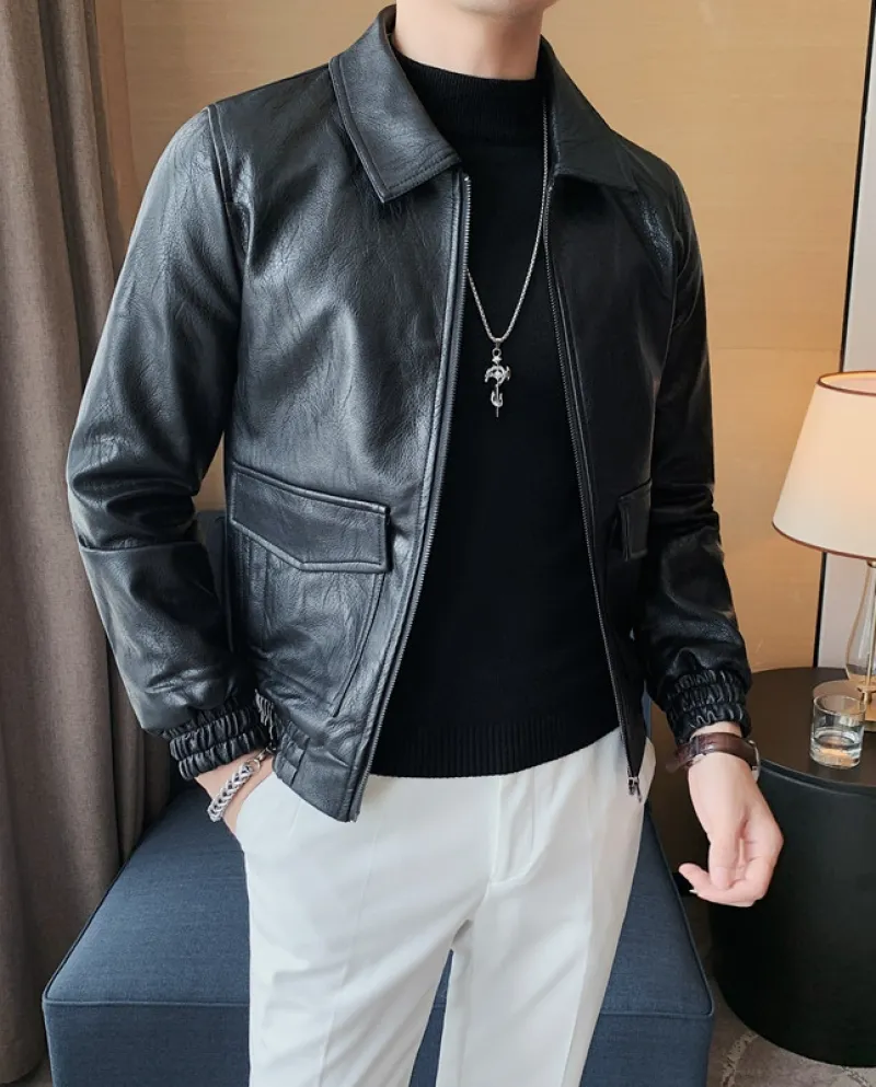 Giacca a vento da motociclista tascabile con risvolto slim fit in pelle nuova da uomo