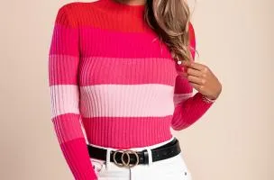 Maglietta lavorata a maglia con motivo a righe, rosa