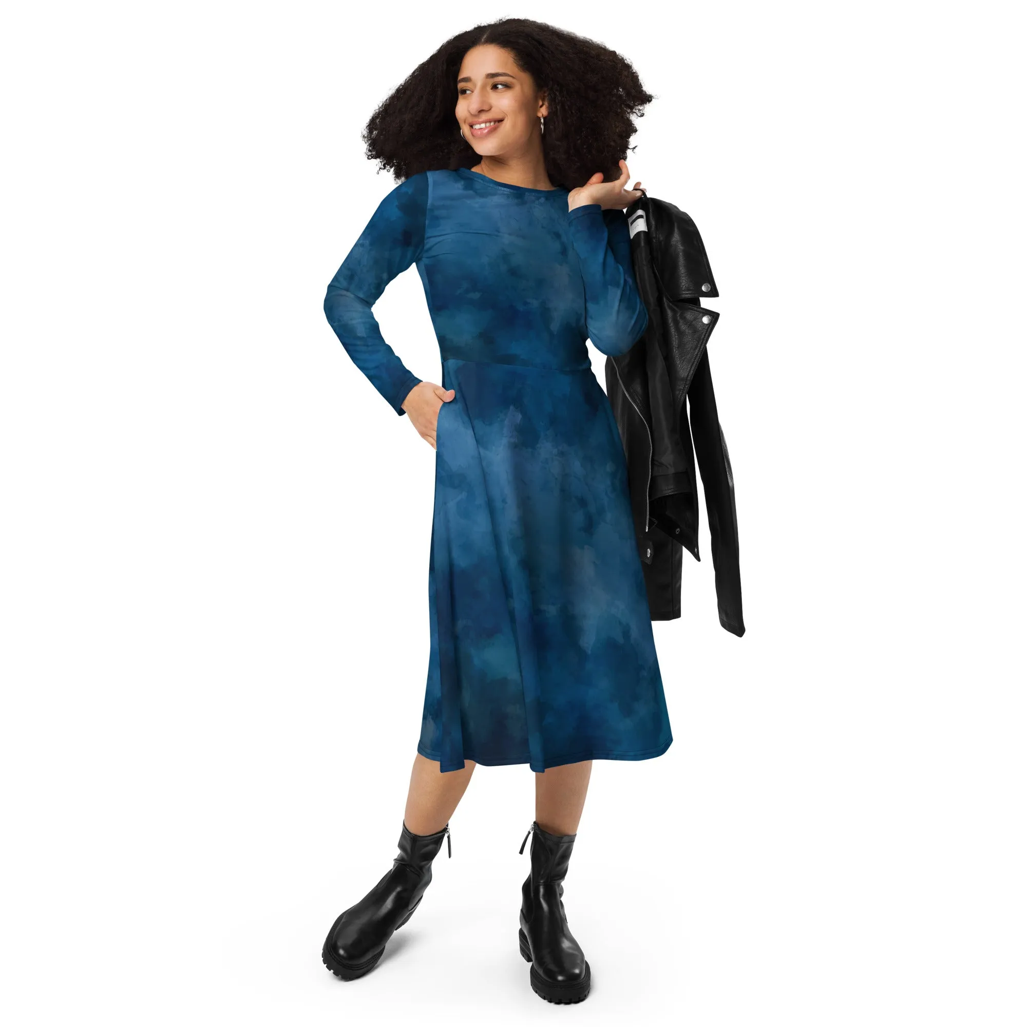 Vestito midi a maniche lunghe blu