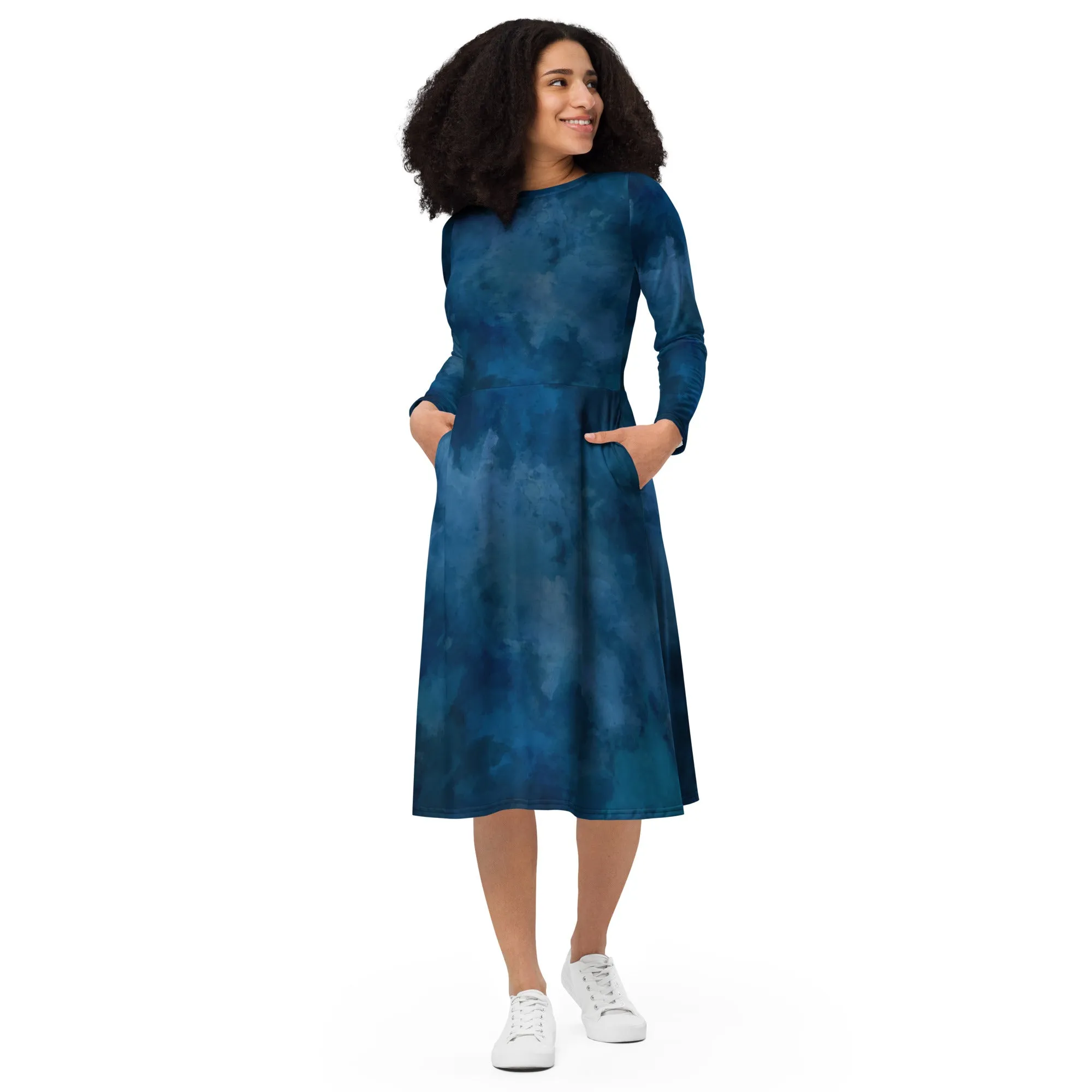 Vestito midi a maniche lunghe blu