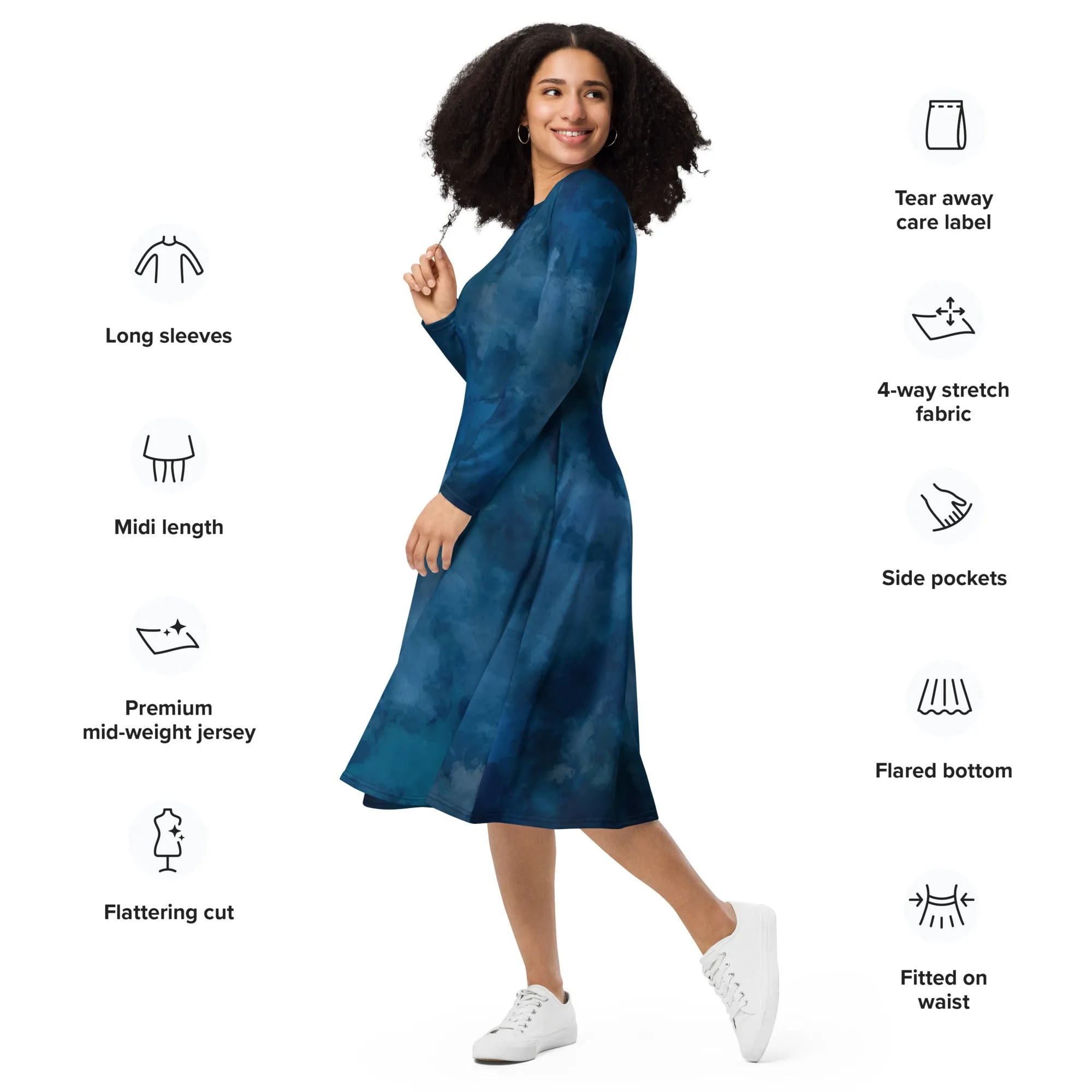 Vestito midi a maniche lunghe blu