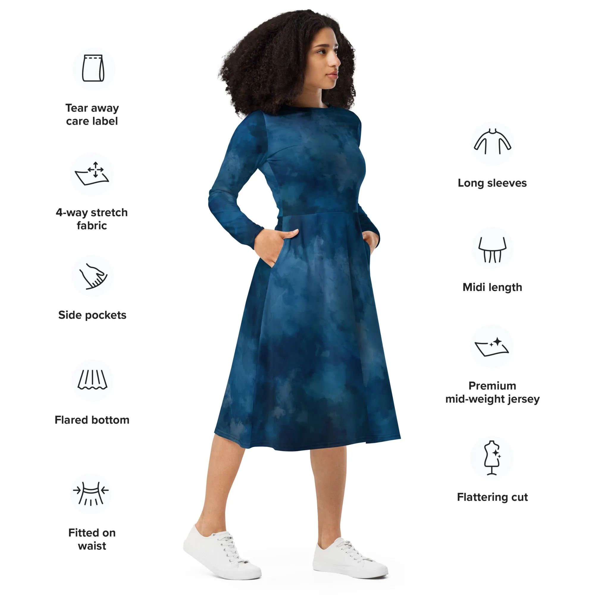Vestito midi a maniche lunghe blu