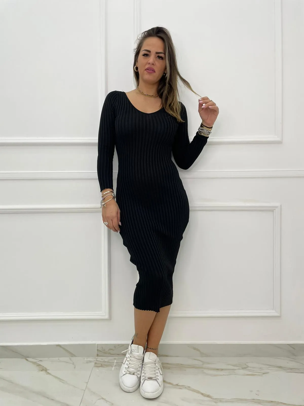Vestito midi laminato a coste